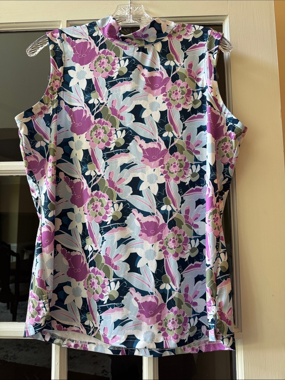 Pebble Beach Sleeveless Floral Mock Neck Top - Navy, Lavender & White
